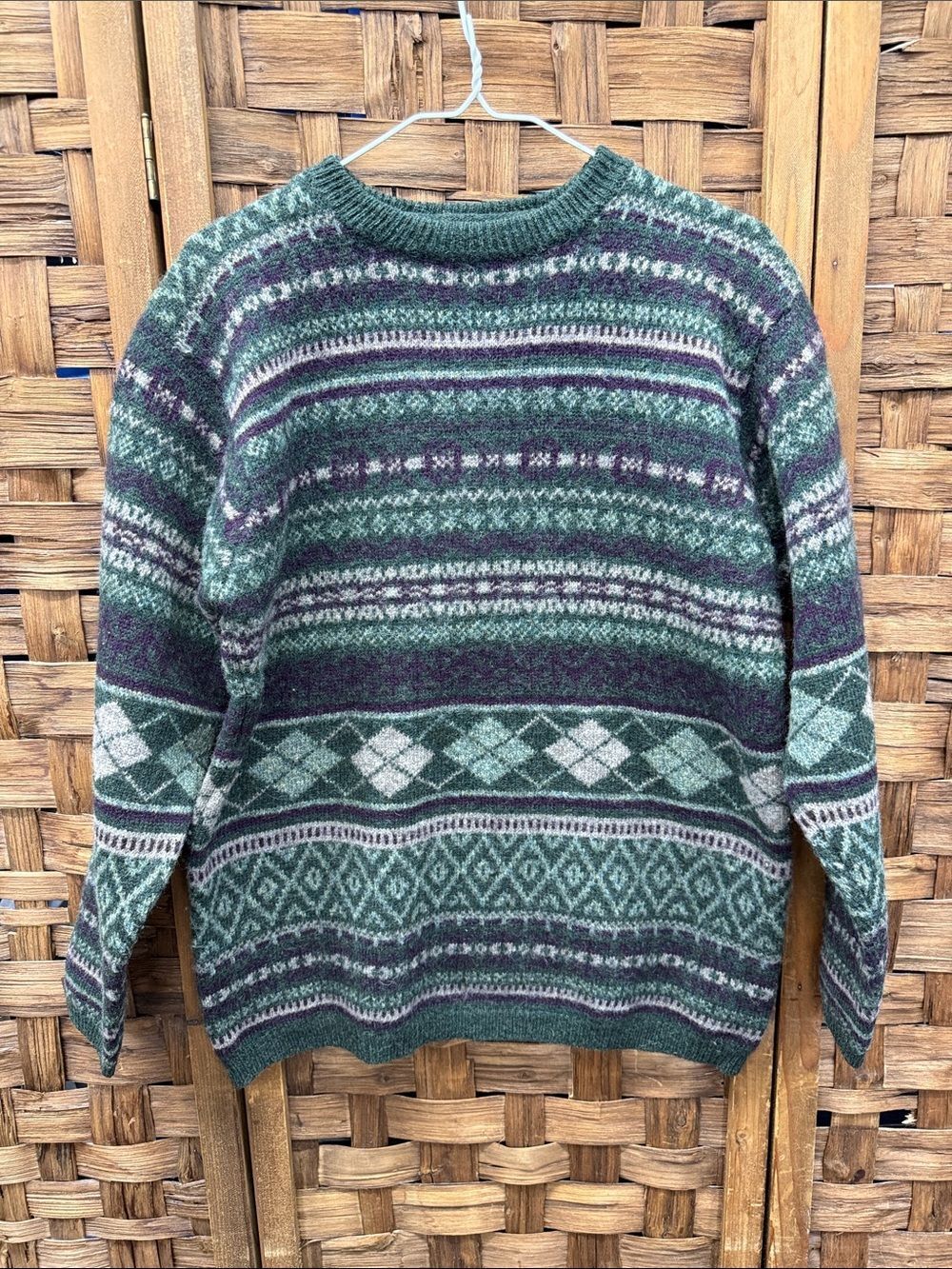 Classic Green Patterned Wool Crewneck Sweater